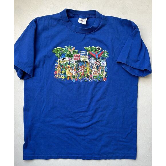 Vintage 90s Single Stitch Shirt Save The Rainforest Cartoon Graphic Blue Large - Picture 3 of 8